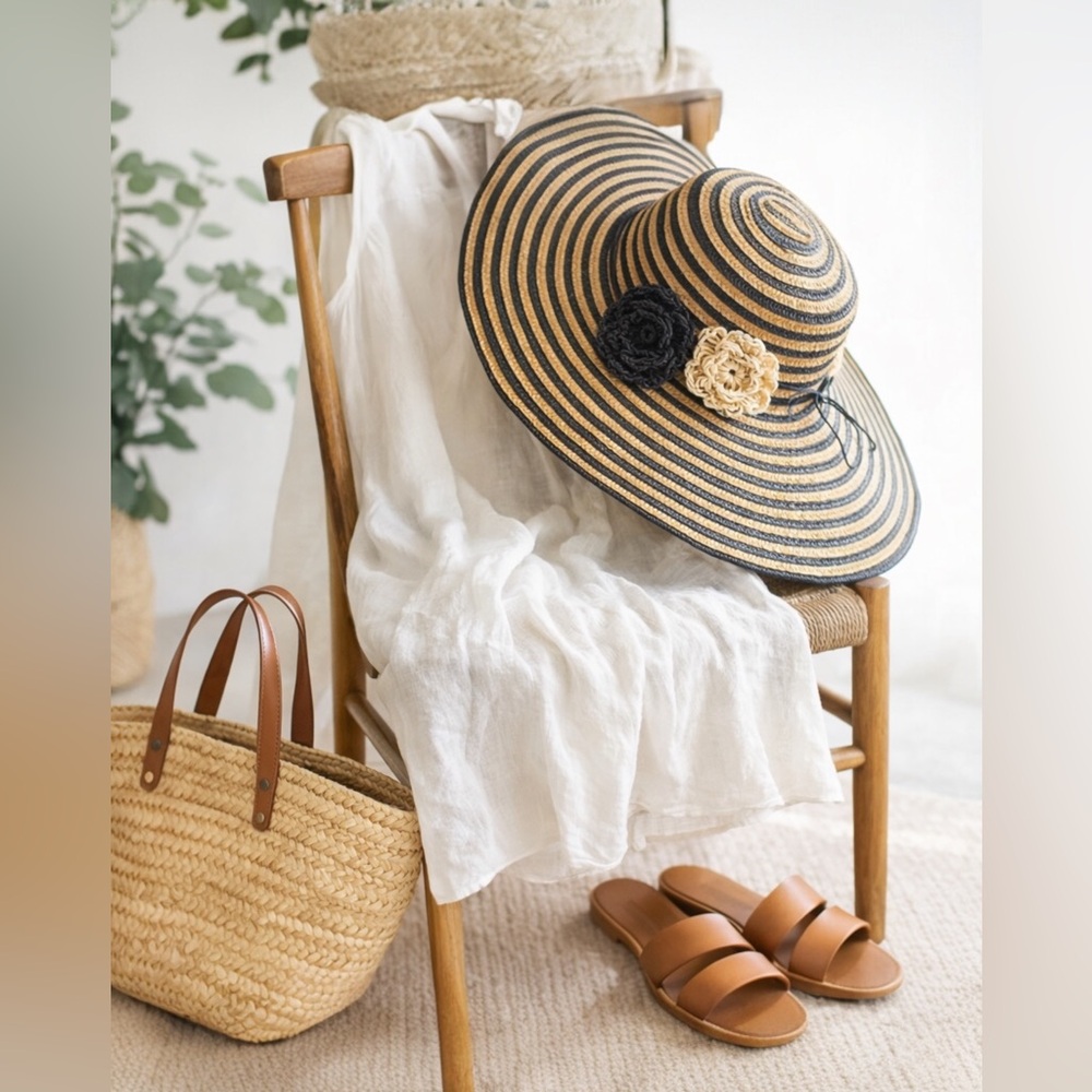 Sun Hat Wide Brim Straw Striped Floral Beach Resort Garden Party